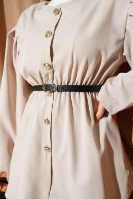 Bel Lastikli Kemerli Dabıl Ceket Bej - Thumbnail