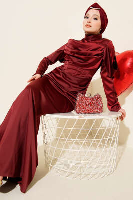 Drapeli Saten Abiye Elbise Bordo - Thumbnail