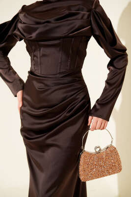 Drapeli Saten Abiye Elbise Kahve - Thumbnail