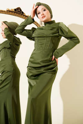 Drapeli Saten Abiye Elbise Haki - Thumbnail