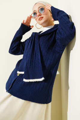 Atkılı Örgülü Kısa Triko Hırka Lacivert - Thumbnail