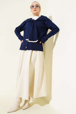 Atkılı Örgülü Kısa Triko Hırka Lacivert - Thumbnail