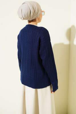 Atkılı Örgülü Kısa Triko Hırka Lacivert - Thumbnail