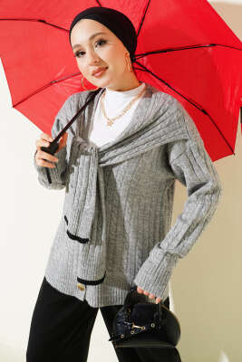 Pazarium - Atkılı Örgülü Kısa Triko Hırka Gri