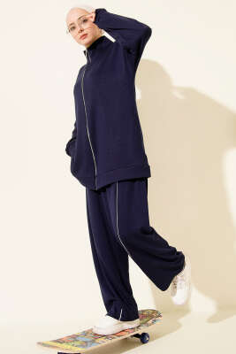 Pazarium - Pantolon Biyeli Fermuarlı Loyşa İkili Takım Lacivert