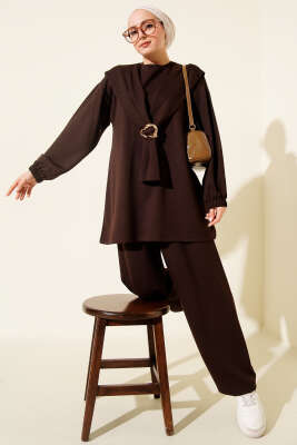 Gold Tokalı Atkılı Loyşa İkili Takım Kahve - Thumbnail