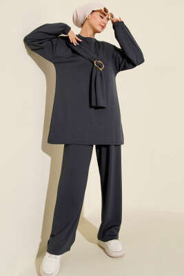 Gold Tokalı Atkılı Loyşa İkili Takım Füme - Thumbnail