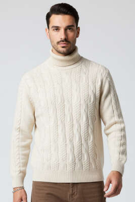 Pazarium - Boğazlı Önü Desenli Erkek Triko Kazak Taş