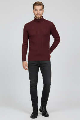 Tam Balıkçı Yaka Triko Erkek Kazak Bordo - Thumbnail