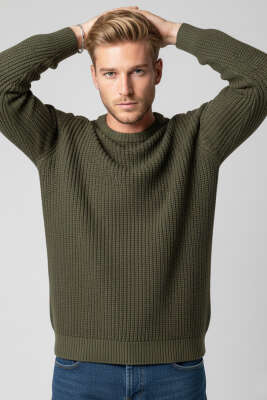 Pirinç Örgü Erkek Triko Kazak Haki - Thumbnail