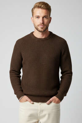 Pazarium - Pirinç Örgü Erkek Triko Kazak Kahve