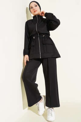 Bel Tünelli Cepli Scuba İkili Takım Siyah - Thumbnail