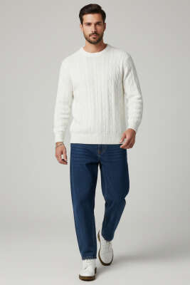 Bukle Örgü Erkek Triko Kazak Ekru - Thumbnail