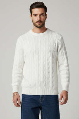 Pazarium - Bukle Örgü Erkek Triko Kazak Ekru