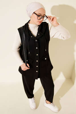 Çıtçıtlı Kapüşonlu Scuba Yelek Takım Siyah - Thumbnail