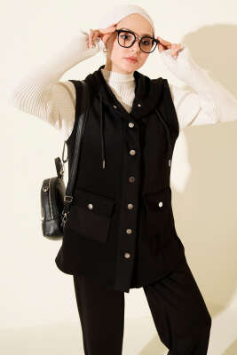 Çıtçıtlı Kapüşonlu Scuba Yelek Takım Siyah - Thumbnail