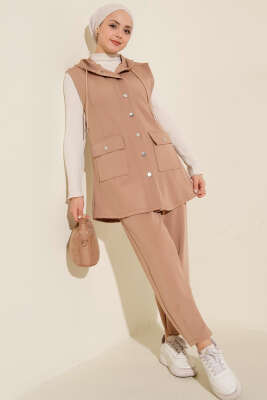 Çıtçıtlı Kapüşonlu Scuba Yelek Takım Latte - Thumbnail