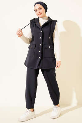 Çıtçıtlı Kapüşonlu Scuba Yelek Takım Lacivert - Thumbnail