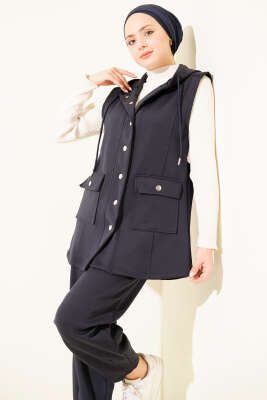 Çıtçıtlı Kapüşonlu Scuba Yelek Takım Lacivert - Thumbnail