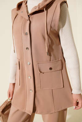 Çıtçıtlı Kapüşonlu Scuba Yelek Takım Latte - Thumbnail