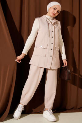 Çıtçıtlı Kapüşonlu Scuba Yelek Takım Bej - Thumbnail