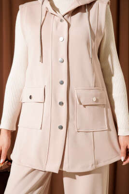 Çıtçıtlı Kapüşonlu Scuba Yelek Takım Bej - Thumbnail