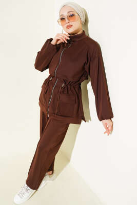 Pazarium - Bel Tünelli Cepli Scuba İkili Takım Kahve