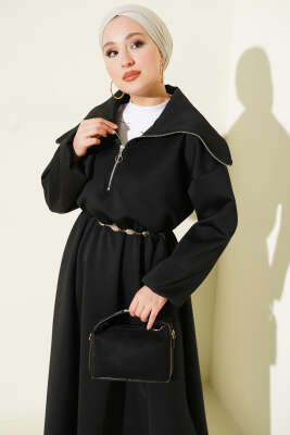 Yarım Yaka Fermuarlı Scuba Elbise Siyah - Thumbnail