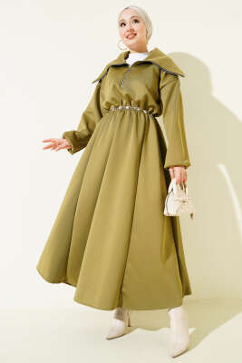 Yarım Yaka Fermuarlı Scuba Elbise Haki - Thumbnail