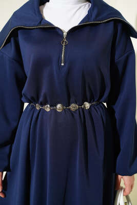 Yarım Yaka Fermuarlı Scuba Elbise Lacivert - Thumbnail