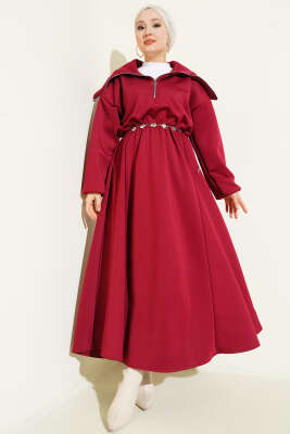 Yarım Yaka Fermuarlı Scuba Elbise Bordo - Thumbnail