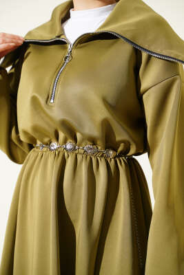 Yarım Yaka Fermuarlı Scuba Elbise Haki - Thumbnail