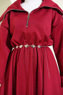 Yarım Yaka Fermuarlı Scuba Elbise Bordo - Thumbnail