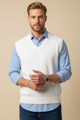 Pazarium - Triko Erkek Süveter Beyaz