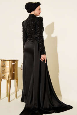 Pelerin Detaylı Pul Payet Abiye Elbise Siyah - Thumbnail