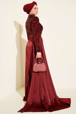 Pelerin Detaylı Pul Payet Abiye Elbise Bordo - Thumbnail