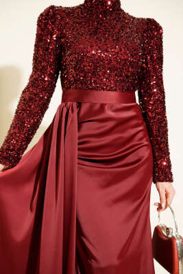 Pelerin Detaylı Pul Payet Abiye Elbise Bordo - Thumbnail