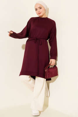 Pazarium - Loyşa İp Kuşaklı Uzun Tunik Mürdüm