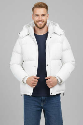 Pazarium - Kapüşonlu Fermuarlı Erkek Şişme Mont Beyaz