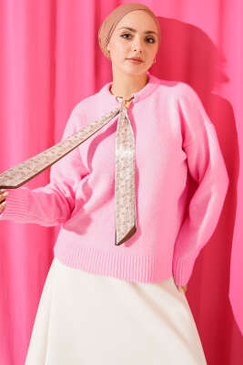 Pazarium - Yaka Fularlı Triko Kazak Pembe