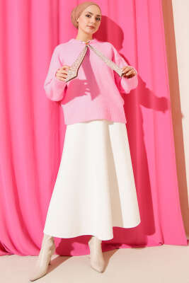 Yaka Fularlı Triko Kazak Pembe - Thumbnail