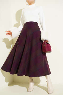 Ekose Desenli Kloş Kaşe Etek Mürdüm - Thumbnail