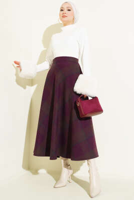 Ekose Desenli Kloş Kaşe Etek Mürdüm - Thumbnail