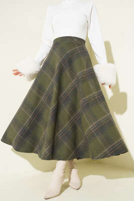 Ekose Desenli Kloş Kaşe Etek Haki - Thumbnail