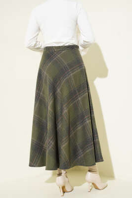 Ekose Desenli Kloş Kaşe Etek Haki - Thumbnail