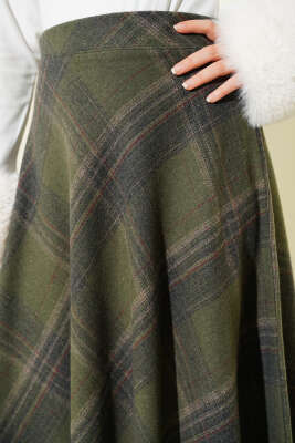 Ekose Desenli Kloş Kaşe Etek Haki - Thumbnail