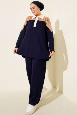 Pazarium - Gömlek Yaka Düğmeli Loyşa İkili Takım Lacivert