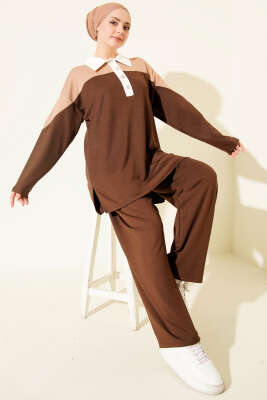 Gömlek Yaka Düğmeli Loyşa İkili Takım Kahve - Thumbnail