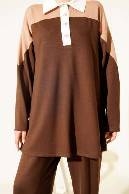 Gömlek Yaka Düğmeli Loyşa İkili Takım Kahve - Thumbnail