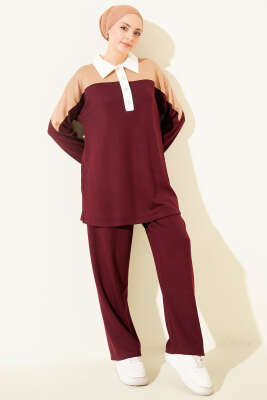 Pazarium - Gömlek Yaka Düğmeli Loyşa İkili Takım Bordo